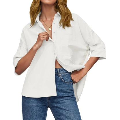 Women's Oversized V-Neck Button Down Blouse Half Sleeve High Low Loose Fit Business Casual Summer Tops
