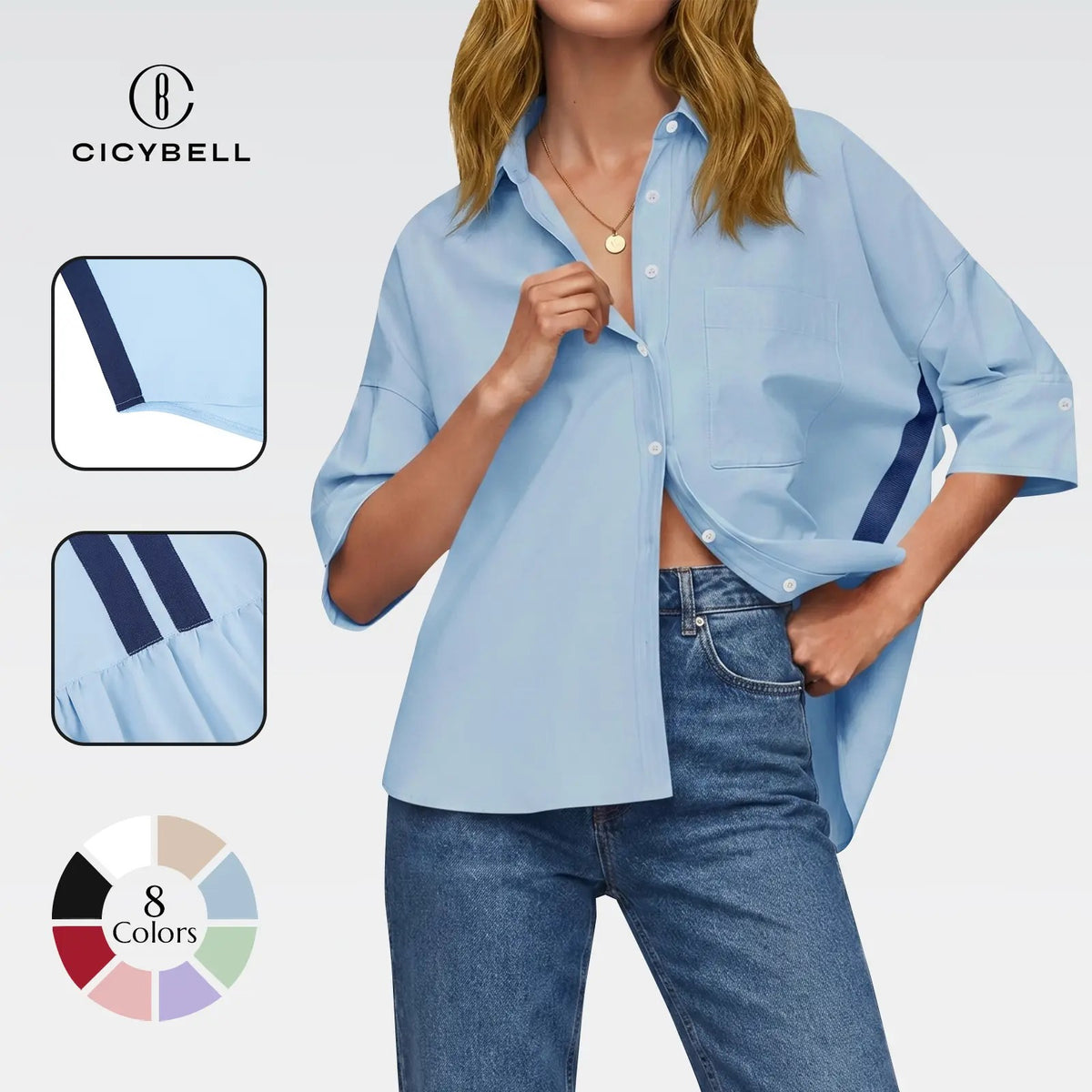 Women's Oversized V-Neck Button Down Blouse Half Sleeve High Low Loose Fit Business Casual Summer Tops