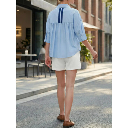 Women's Oversized V-Neck Button Down Blouse Half Sleeve High Low Loose Fit Business Casual Summer Tops