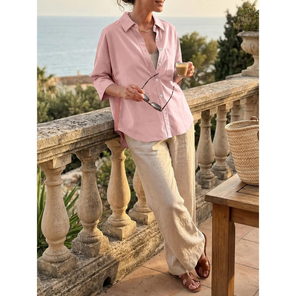 Women's Oversized V-Neck Button Down Blouse Half Sleeve High Low Loose Fit Business Casual Summer Tops