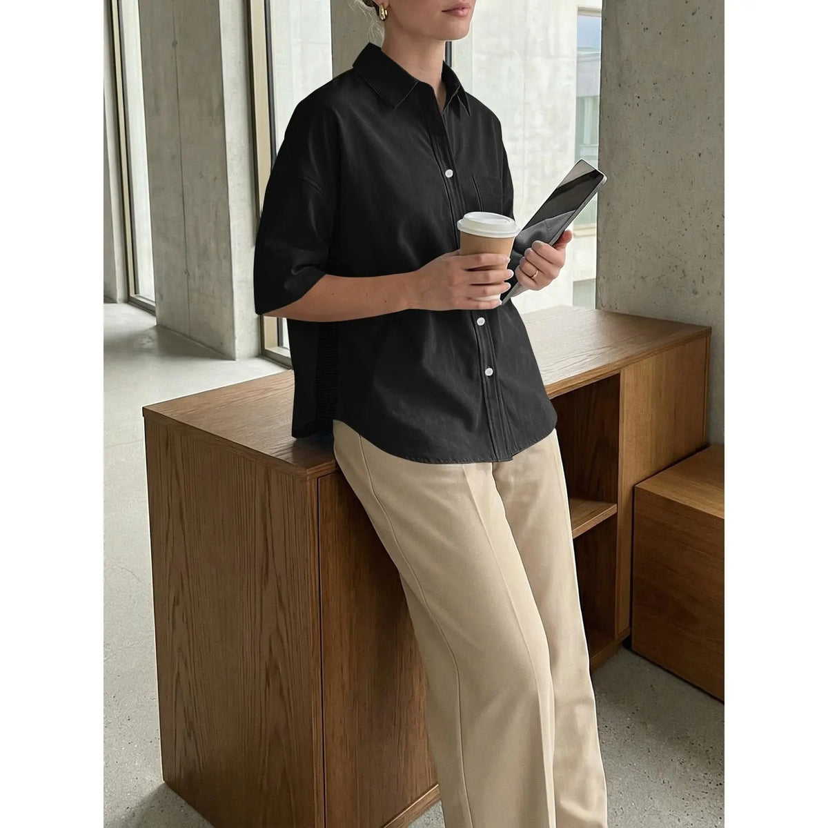 Women's Oversized V-Neck Button Down Blouse Half Sleeve High Low Loose Fit Business Casual Summer Tops