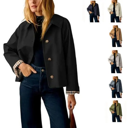 Women's Cropped Trench Coat Classic Lapel Oversized Casual Jacket with Plaid Lining, Lightweight Seasonal Outerwear