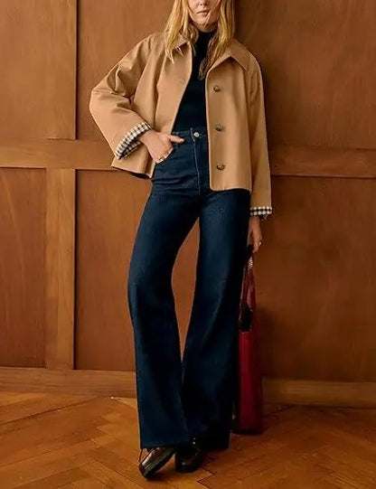 Women's Cropped Trench Coat Classic Lapel Oversized Casual Jacket with Plaid Lining, Lightweight Seasonal Outerwear