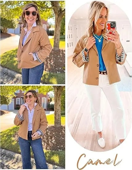 Women's Cropped Trench Coat Classic Lapel Oversized Casual Jacket with Plaid Lining, Lightweight Seasonal Outerwear
