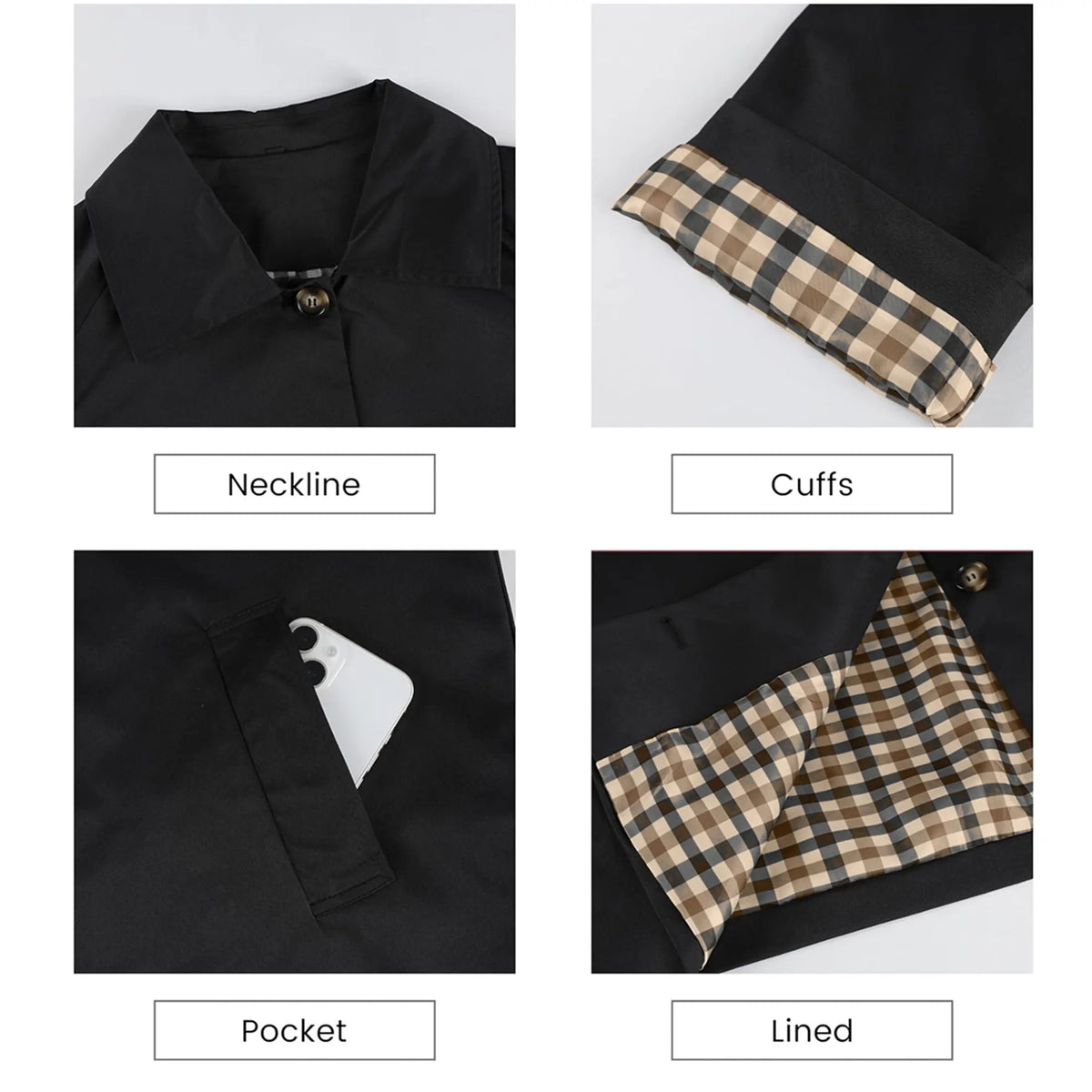 Women's Cropped Trench Coat Classic Lapel Oversized Casual Jacket with Plaid Lining, Lightweight Seasonal Outerwear
