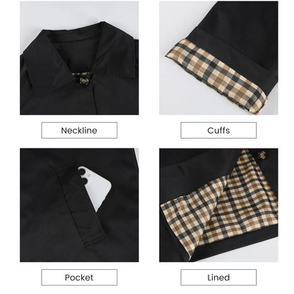 Women's Cropped Trench Coat Classic Lapel Oversized Casual Jacket with Plaid Lining, Lightweight Seasonal Outerwear