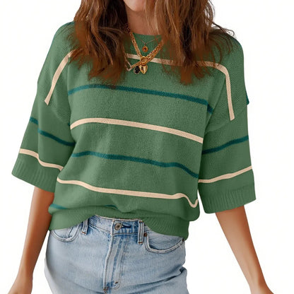Women's Striped Knit Short Sleeve Pullover Top Ribbed Neck & Cuff Baggy Casual Everyday