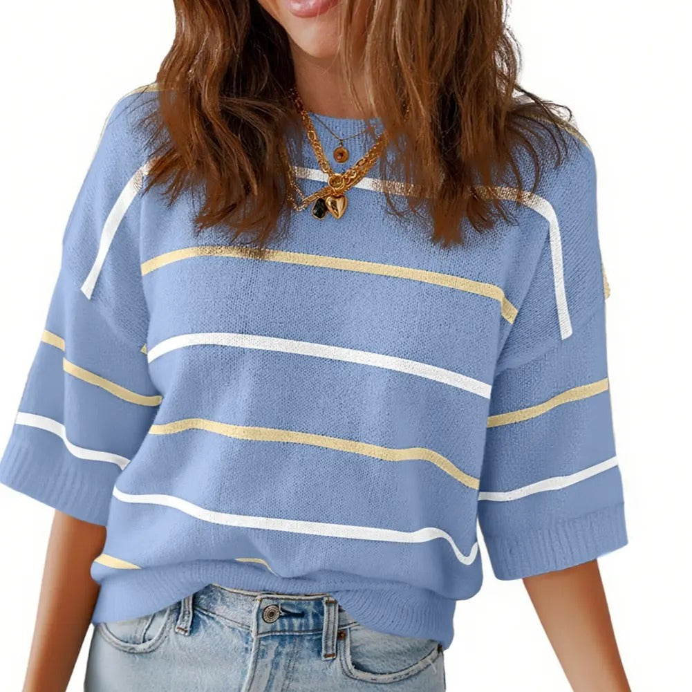 Women's Striped Knit Short Sleeve Pullover Top Ribbed Neck & Cuff Baggy Casual Everyday