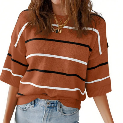 Women's Striped Knit Short Sleeve Pullover Top Ribbed Neck & Cuff Baggy Casual Everyday