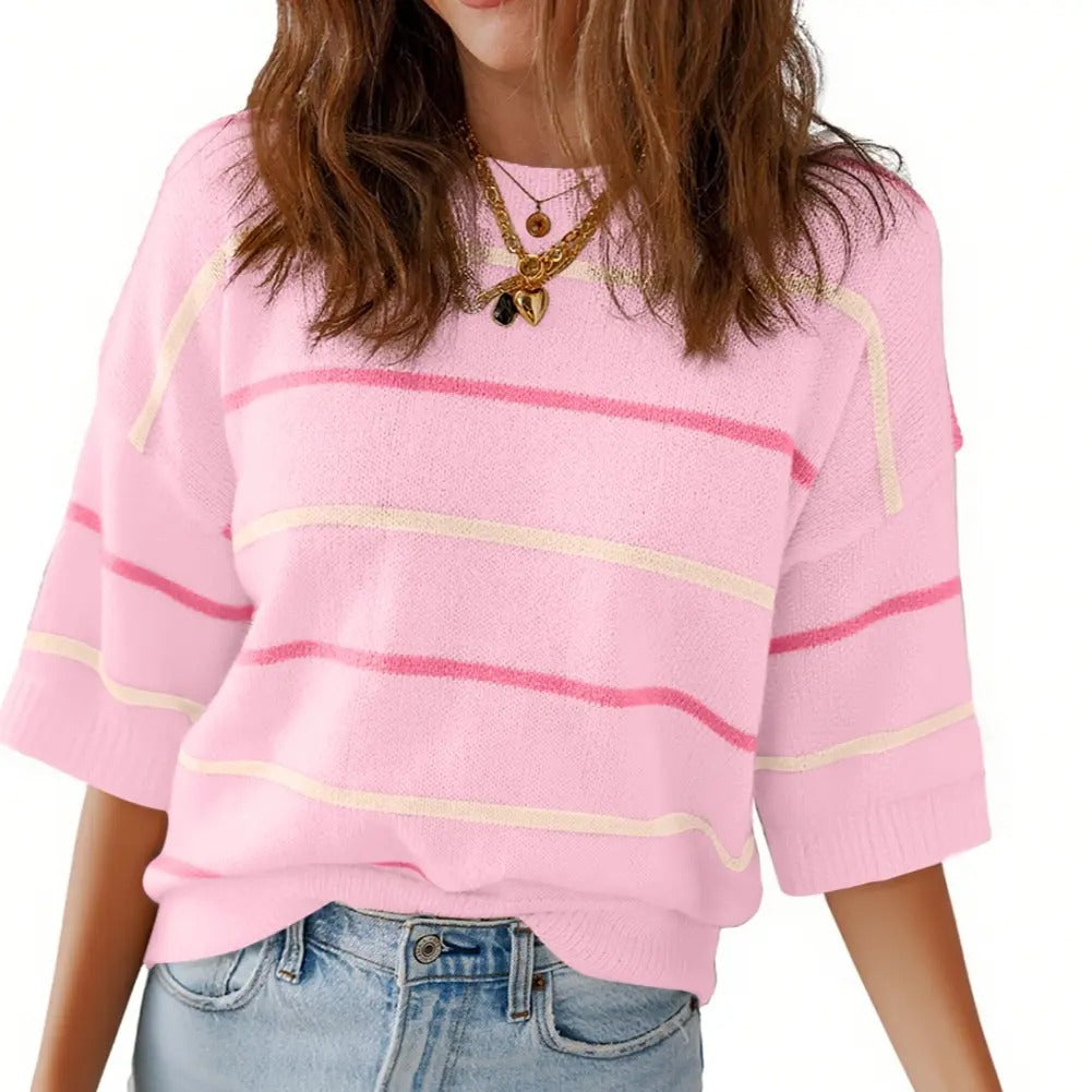 Women's Striped Knit Short Sleeve Pullover Top Ribbed Neck & Cuff Baggy Casual Everyday