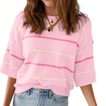Women's Striped Knit Short Sleeve Pullover Top Ribbed Neck & Cuff Baggy Casual Everyday