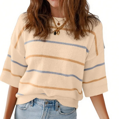 Women's Striped Knit Short Sleeve Pullover Top Ribbed Neck & Cuff Baggy Casual Everyday