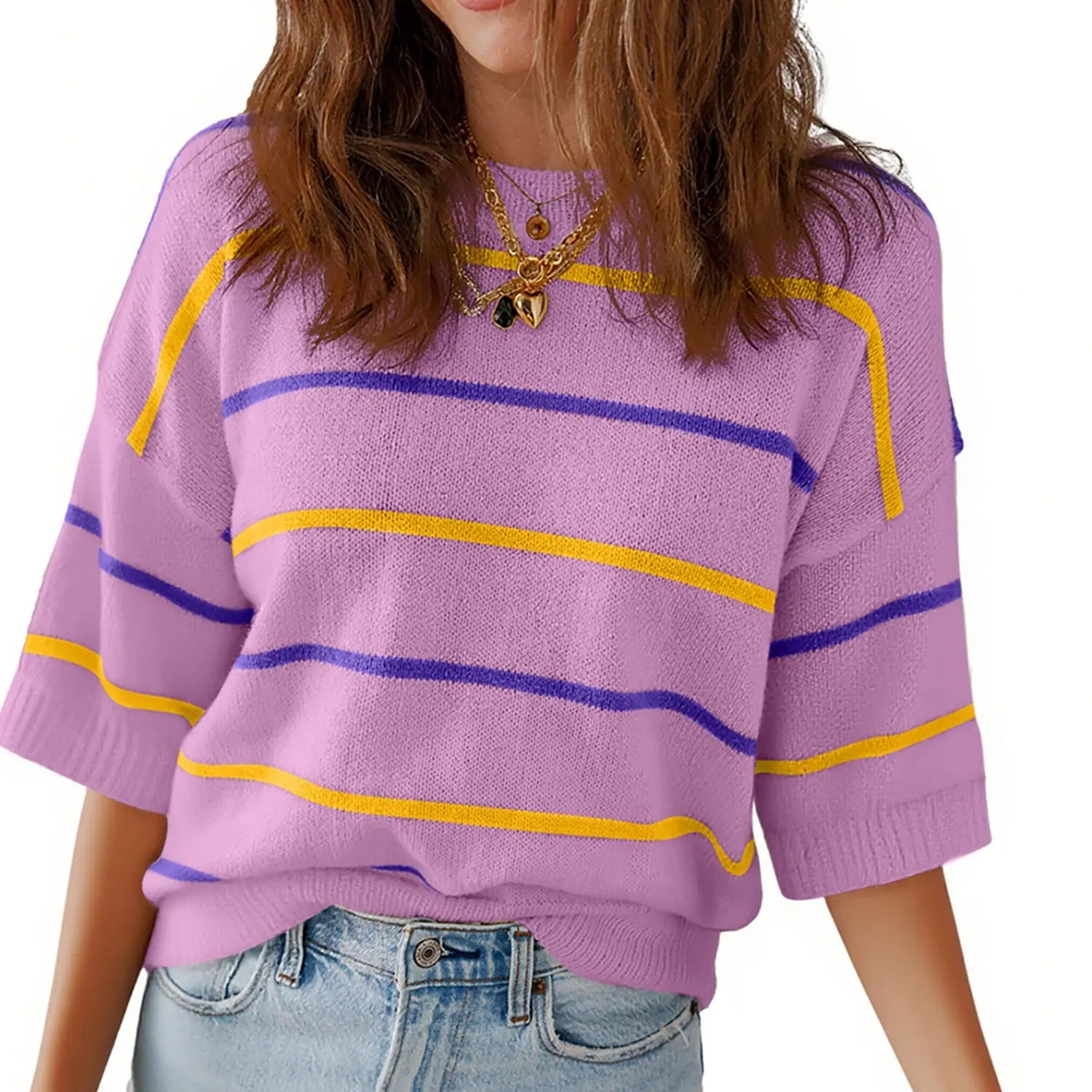 Women's Striped Knit Short Sleeve Pullover Top Ribbed Neck & Cuff Baggy Casual Everyday