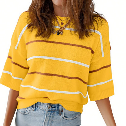 Women's Striped Knit Short Sleeve Pullover Top Ribbed Neck & Cuff Baggy Casual Everyday