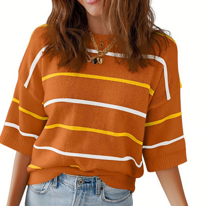 Women's Striped Knit Short Sleeve Pullover Top Ribbed Neck & Cuff Baggy Casual Everyday