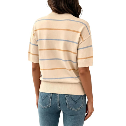 Women's Striped Knit Short Sleeve Pullover Top Ribbed Neck & Cuff Baggy Casual Everyday
