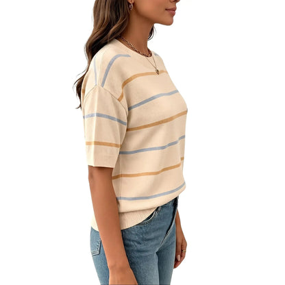 Women's Striped Knit Short Sleeve Pullover Top Ribbed Neck & Cuff Baggy Casual Everyday