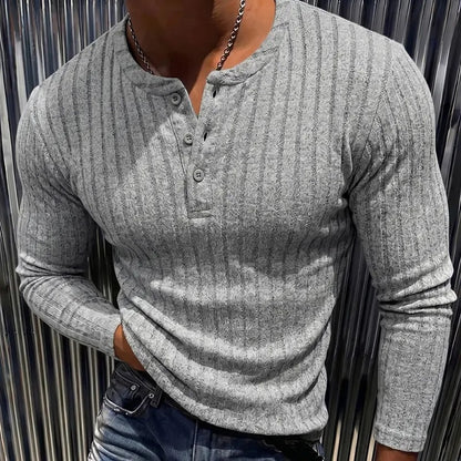 Men's Ribbed Henley Long Sleeve Shirt - Slim Fit Stretch Knit Pullover, Soft Breathable Casual Fashion Tee