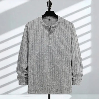 Men's Ribbed Henley Long Sleeve Shirt - Slim Fit Stretch Knit Pullover, Soft Breathable Casual Fashion Tee