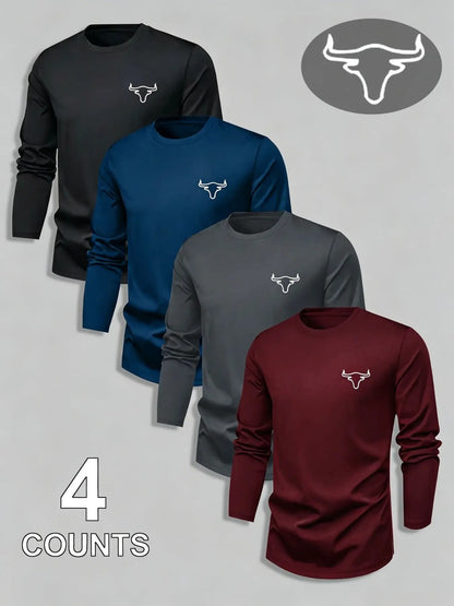 Men's Bull Head Print Long Sleeve T-Shirt, Breathable Athletic Casual Workout Tops