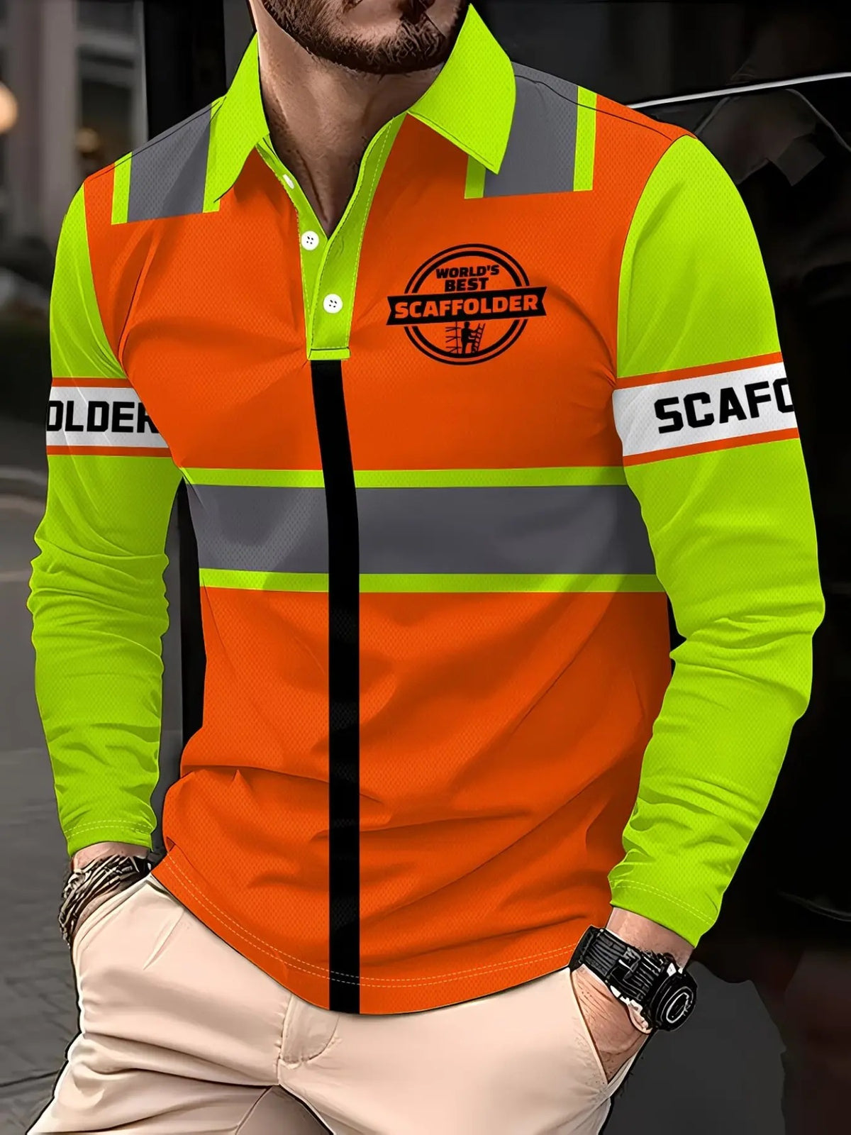 Men's Long Sleeve Safety Knitted Polo Shirt Reflective Fluorescent Stripes Casual Graphic Loose Fit Top