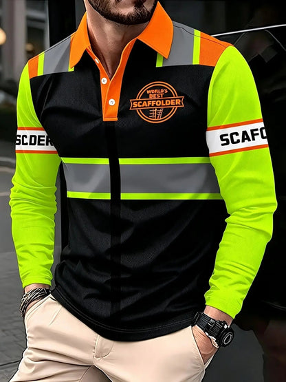 Men's Long Sleeve Safety Knitted Polo Shirt Reflective Fluorescent Stripes Casual Graphic Loose Fit Top