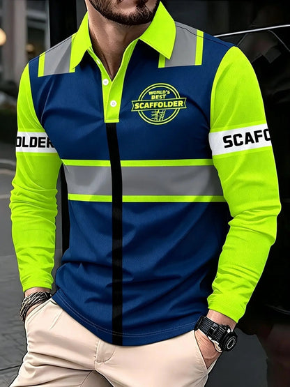 Men's Long Sleeve Safety Knitted Polo Shirt Reflective Fluorescent Stripes Casual Graphic Loose Fit Top