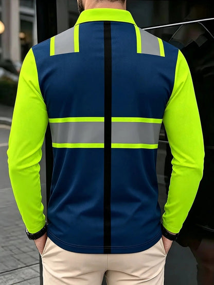 Men's Long Sleeve Safety Knitted Polo Shirt Reflective Fluorescent Stripes Casual Graphic Loose Fit Top