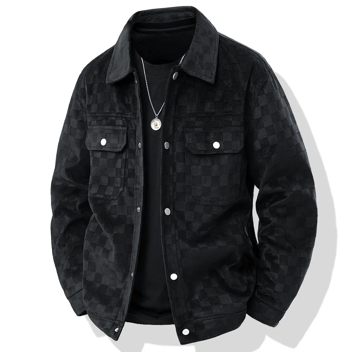 Men's Black Patterned Long Sleeve Jacket Casual Button Closure Top with Front Flap Pocket