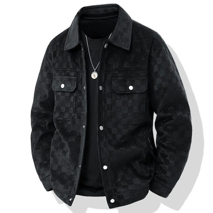 Men's Black Patterned Long Sleeve Jacket Casual Button Closure Top with Front Flap Pocket