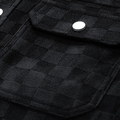 Men's Black Patterned Long Sleeve Jacket Casual Button Closure Top with Front Flap Pocket