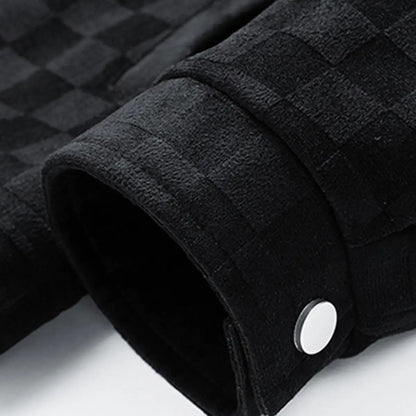 Men's Black Patterned Long Sleeve Jacket Casual Button Closure Top with Front Flap Pocket