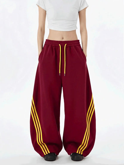 Women's Retro Three Stripes Colorblock Wide Leg Pants Casual Waist Tie Long Pants
