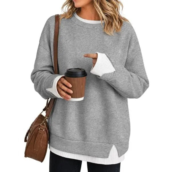 Women's Fake Two-Piece Layered Hoodie Oversized Drop Shoulder Air Layer Pullover Casual Crew Neck Patchwork Sweatshirt