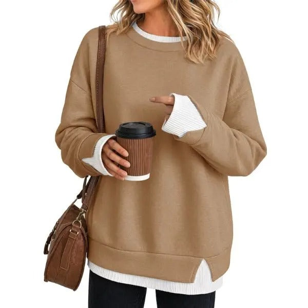 Women's Fake Two-Piece Layered Hoodie Oversized Drop Shoulder Air Layer Pullover Casual Crew Neck Patchwork Sweatshirt