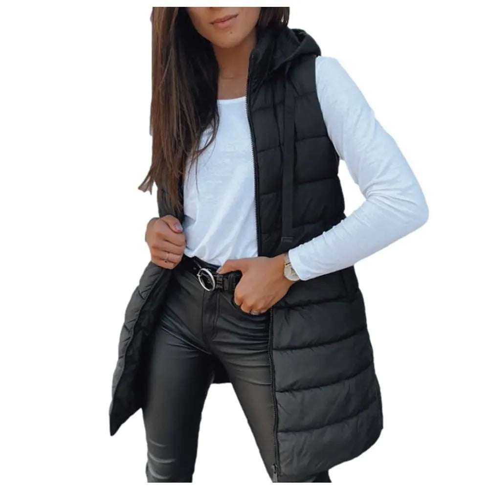 Women's Solid Long Hooded Puffer Vest, Sleeveless Winter Padded Outerwear Casual Warm Sleeveless Hood Vest