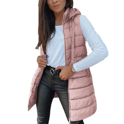 Women's Solid Long Hooded Puffer Vest, Sleeveless Winter Padded Outerwear Casual Warm Sleeveless Hood Vest