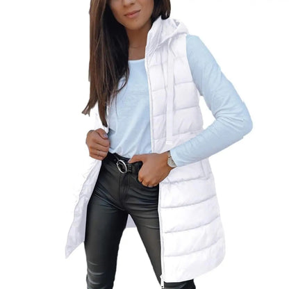 Women's Solid Long Hooded Puffer Vest, Sleeveless Winter Padded Outerwear Casual Warm Sleeveless Hood Vest