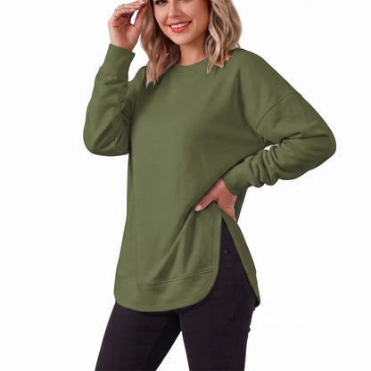 Women's Oversized Curved Hem Sweatshirt, Long Sleeve Round Neck Side Slit Casual Aesthetic Tunic Top