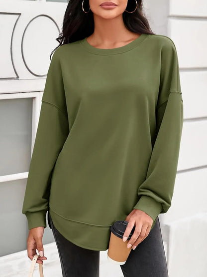 Women's Oversized Curved Hem Sweatshirt, Long Sleeve Round Neck Side Slit Casual Aesthetic Tunic Top
