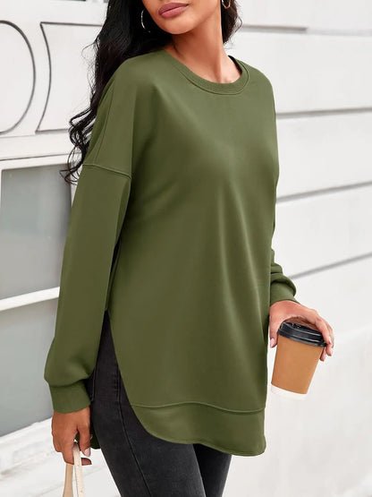 Women's Oversized Curved Hem Sweatshirt, Long Sleeve Round Neck Side Slit Casual Aesthetic Tunic Top