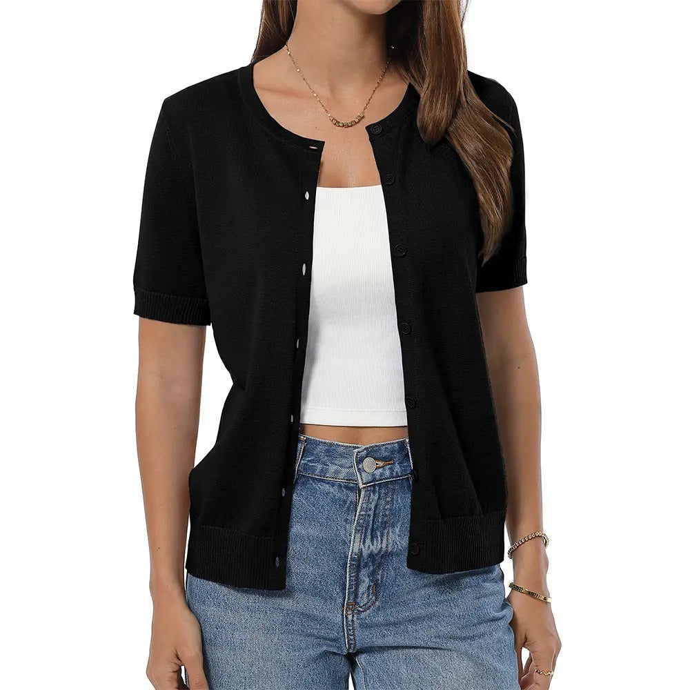 Women's 100% Cotton Cropped Button Down Cardigan Lightweight Short Sleeve Knit Sweater