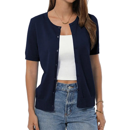 Women's 100% Cotton Cropped Button Down Cardigan Lightweight Short Sleeve Knit Sweater