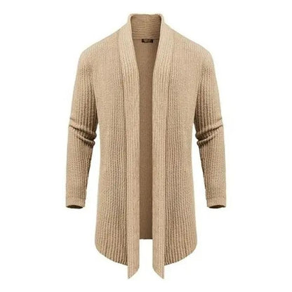 Men's Shawl Collar Knit Cardigan, Slim Fit Ruffle Detail Long Sleeve Solid Knit Sweater with Hanging Pockets