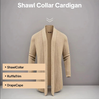 Men's Shawl Collar Knit Cardigan, Slim Fit Ruffle Detail Long Sleeve Solid Knit Sweater with Hanging Pockets