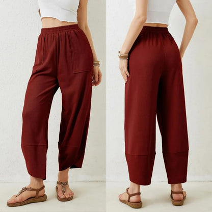 Women's Elastic Waist Wide Leg Palazzo Pants, Casual Loose Baggy Harem Pants with Pockets