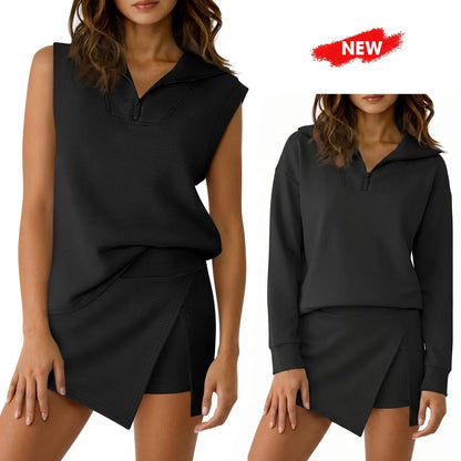 Women's 2-Piece Athleisure Outfit, Sleeveless Half-Zip Top & Long Sleeve Skort Set