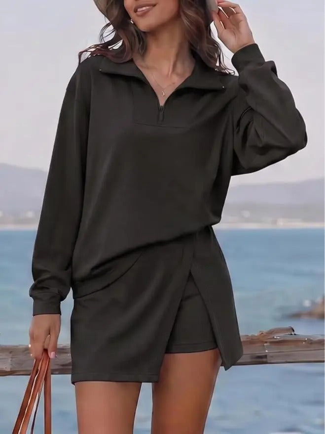 Women's 2-Piece Athleisure Outfit, Sleeveless Half-Zip Top & Long Sleeve Skort Set