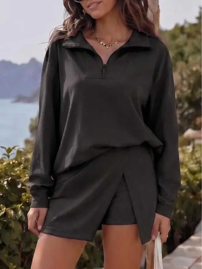 Women's 2-Piece Athleisure Outfit, Sleeveless Half-Zip Top & Long Sleeve Skort Set