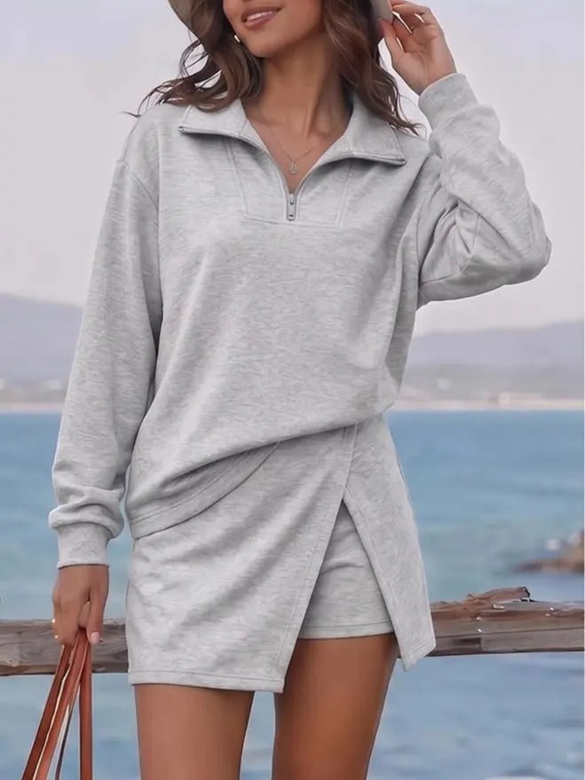 Women's 2-Piece Athleisure Outfit, Sleeveless Half-Zip Top & Long Sleeve Skort Set